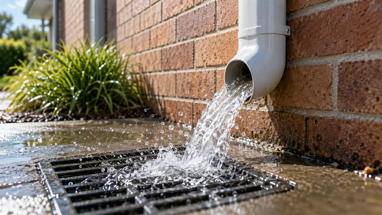 Water flushing through a cleared downpipe during downpipe cleaning