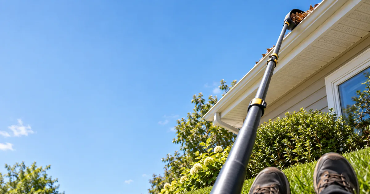Illustration of a pole tool reaching a gutter for the DIY gutter cleaning guide