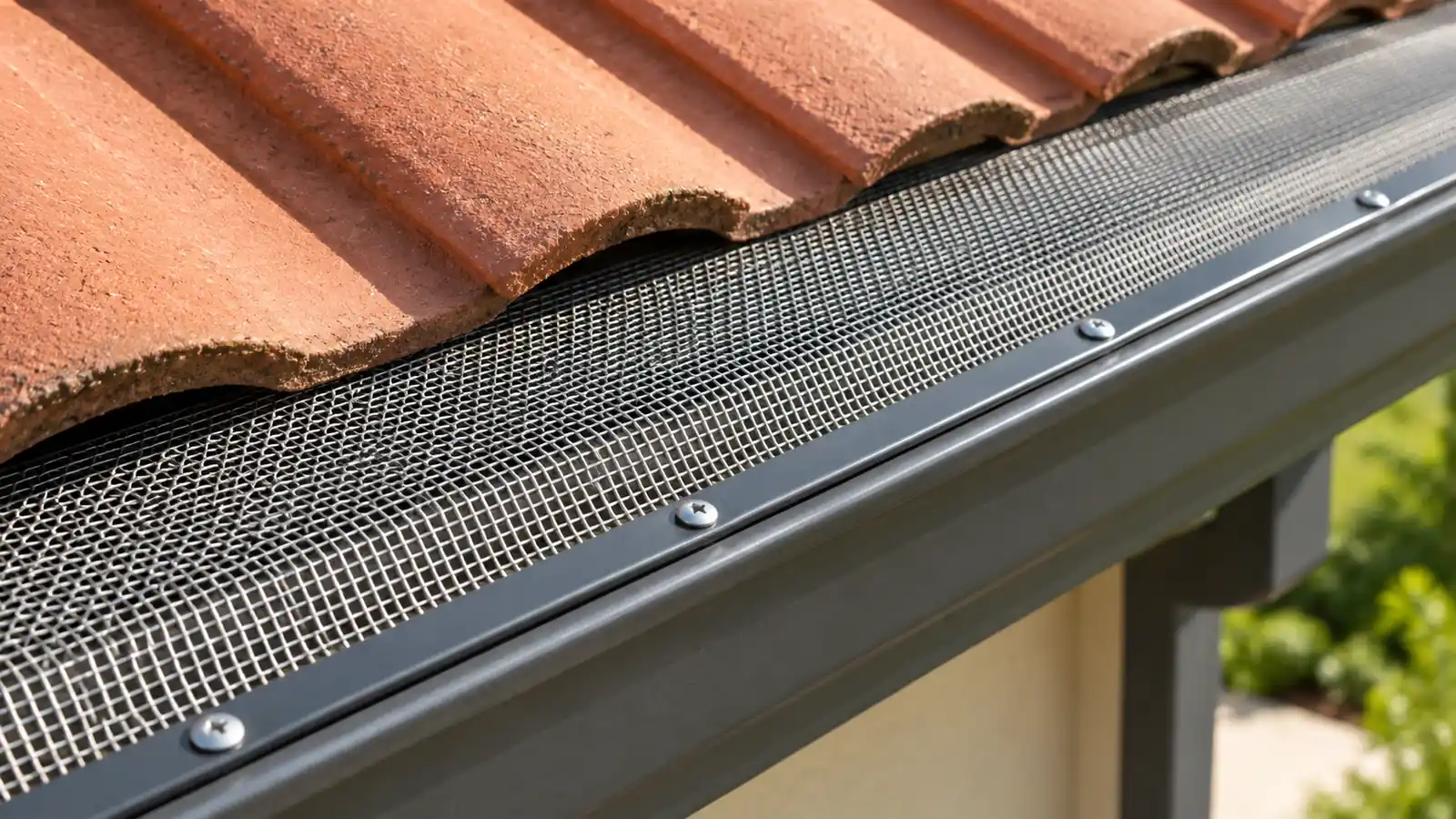 Mesh gutter guard fitted along a roof edge during gutter guard installation