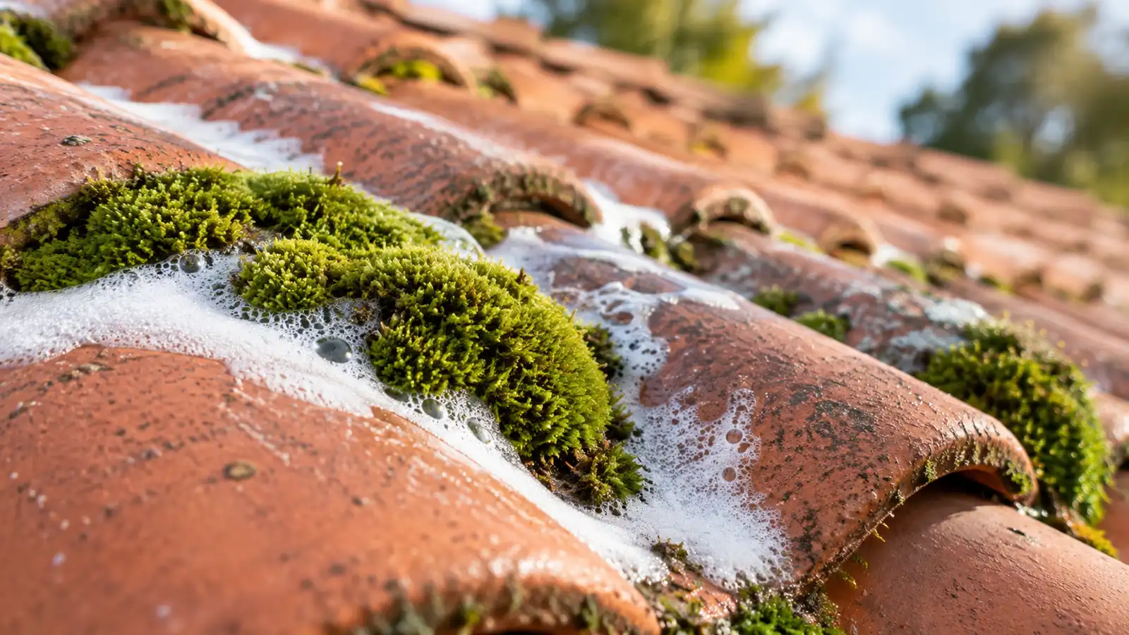 Moss and lichen growing on roof tiles before roof moss removal treatment