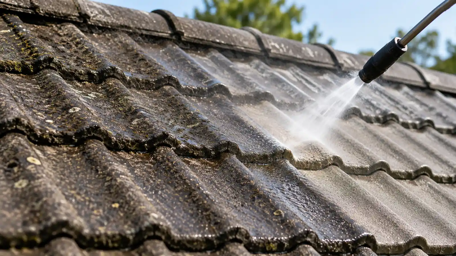 Half-cleaned concrete tile roof showing the contrast after roof pressure cleaning