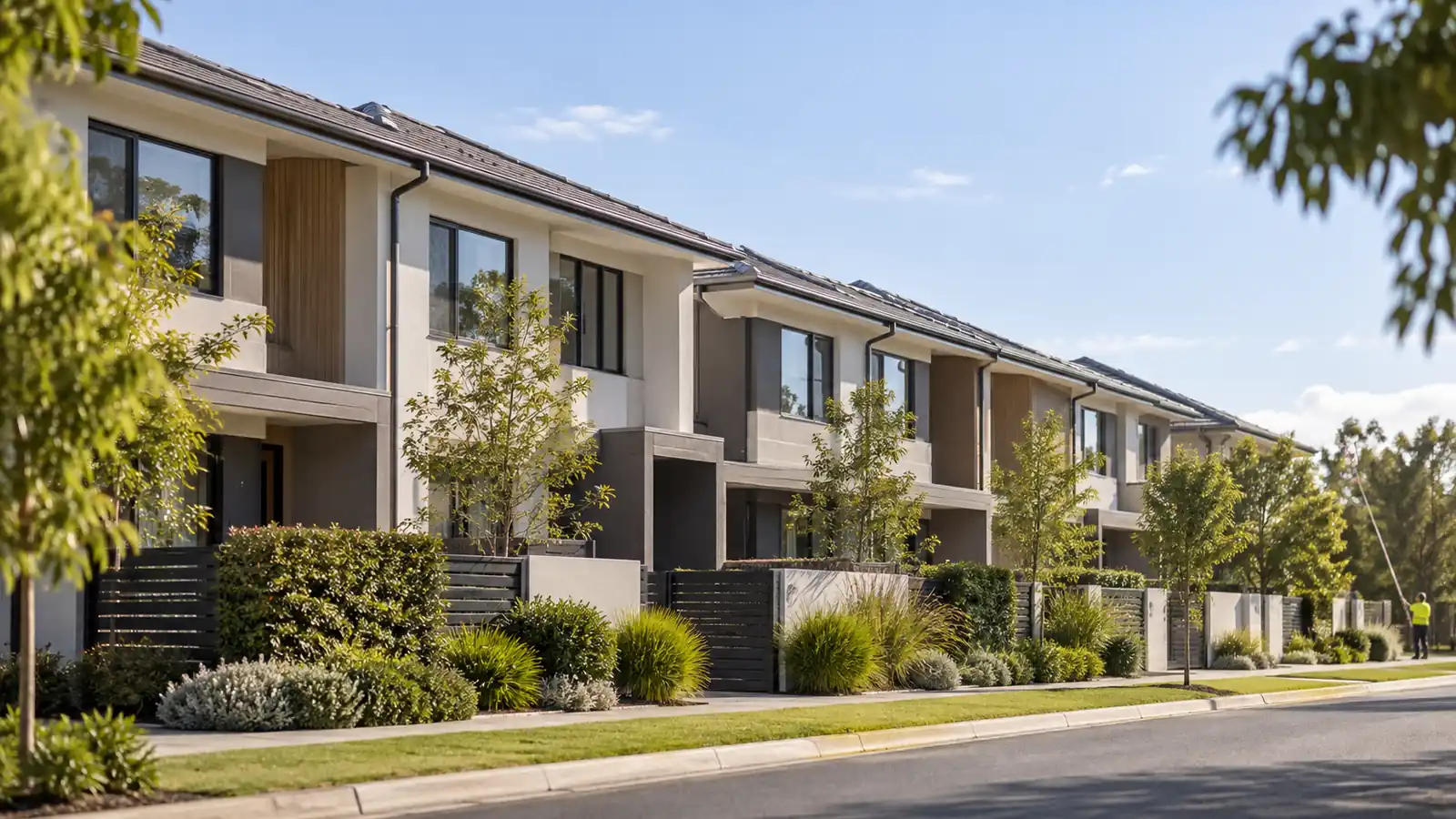 Row of Melbourne townhouses with shared gutters on a strata gutter cleaning program
